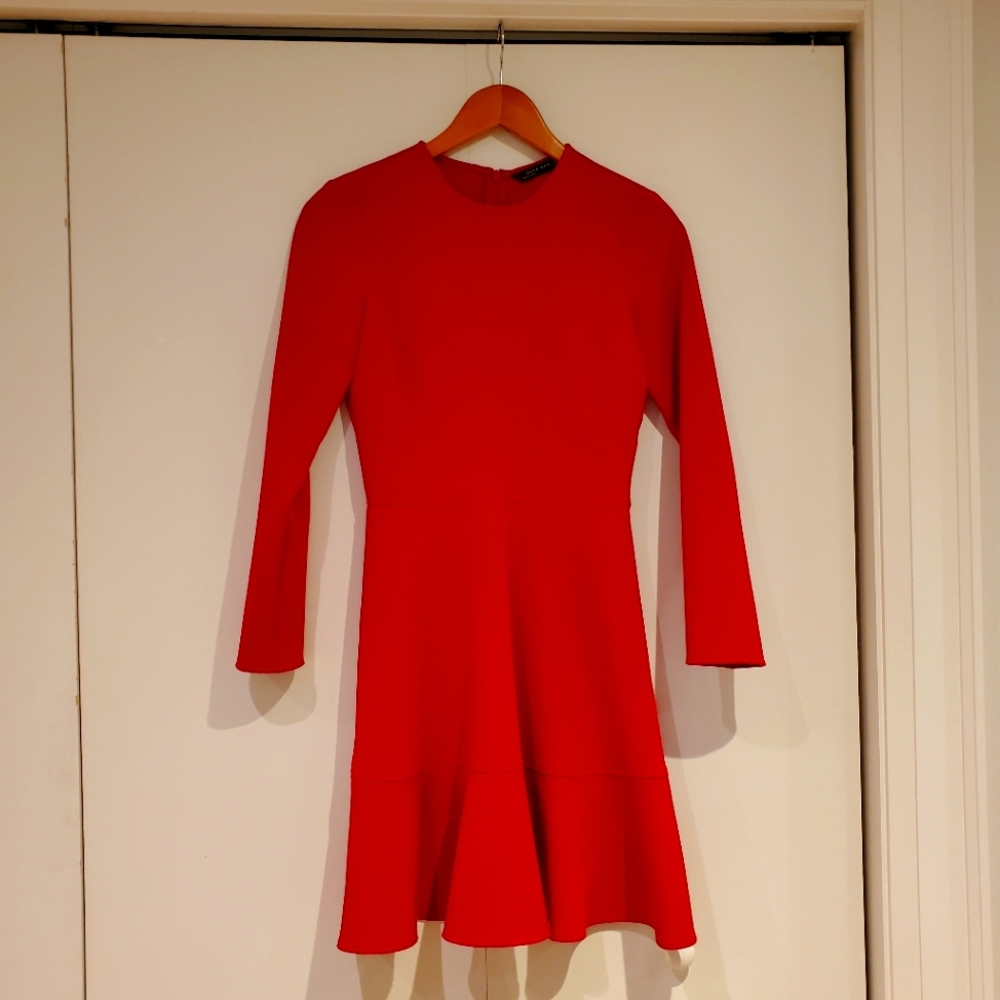 Zara little red dress! XS NWOT ruffle hem long sleeves